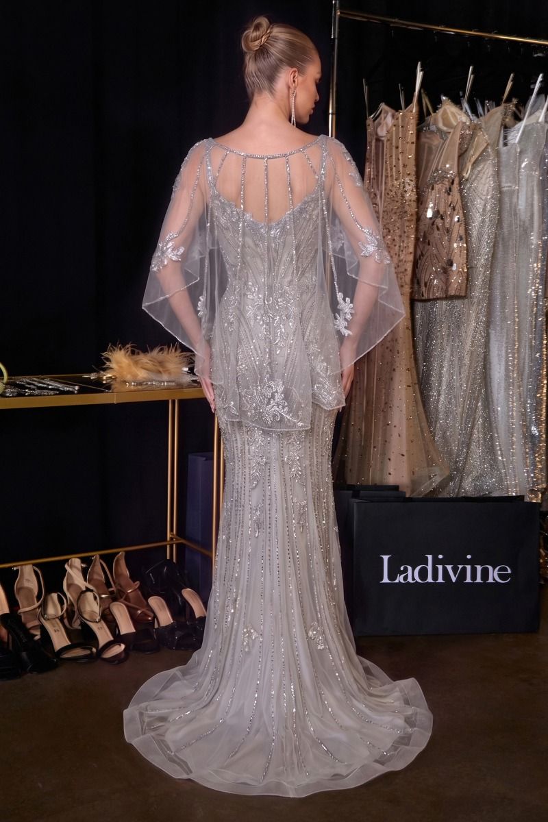 Fitted Metallic Lace Dress With Cape (CD637)
