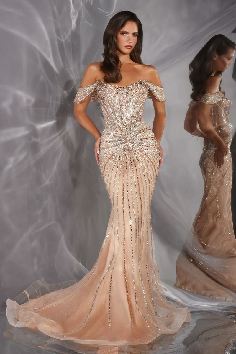 Radiant Crystal-Draped Off-the-Shoulder Mermaid Gown (CD654)