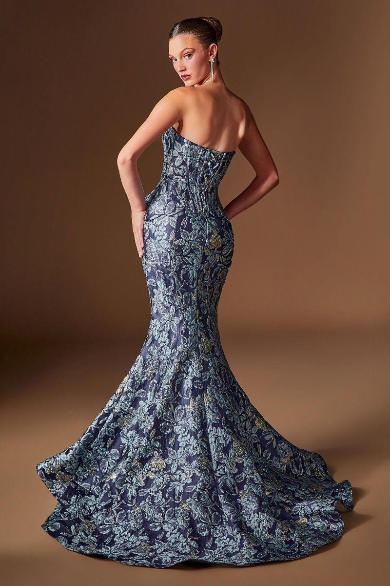 Floral Jacquard Strapless Corset Mermaid Gown with Matching Wrap (CD655)