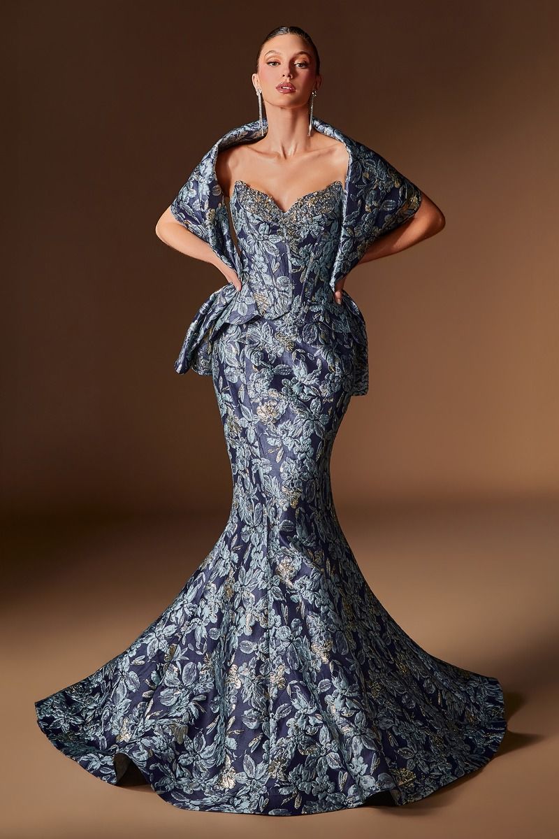Floral Jacquard Strapless Corset Mermaid Gown with Matching Wrap (CD655)