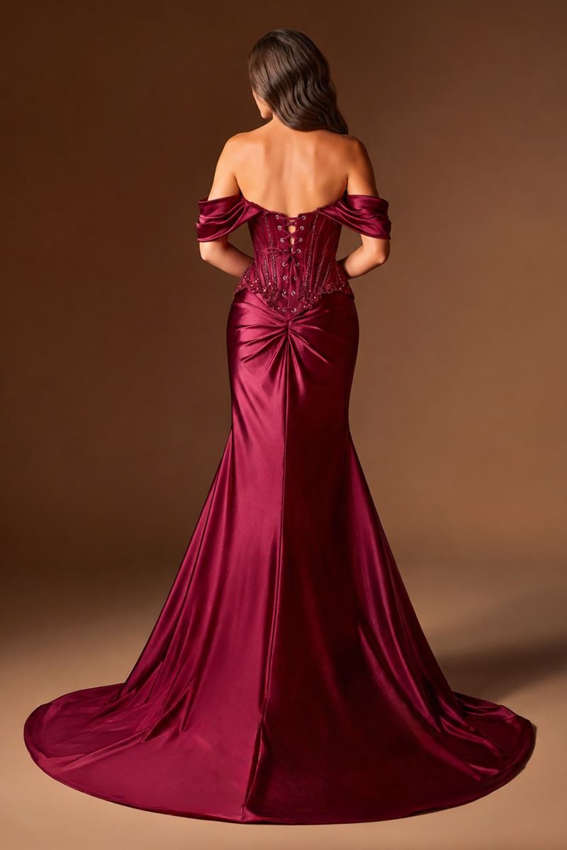Off The Shoulder Satin & Lace Fitted Dress (CD656)