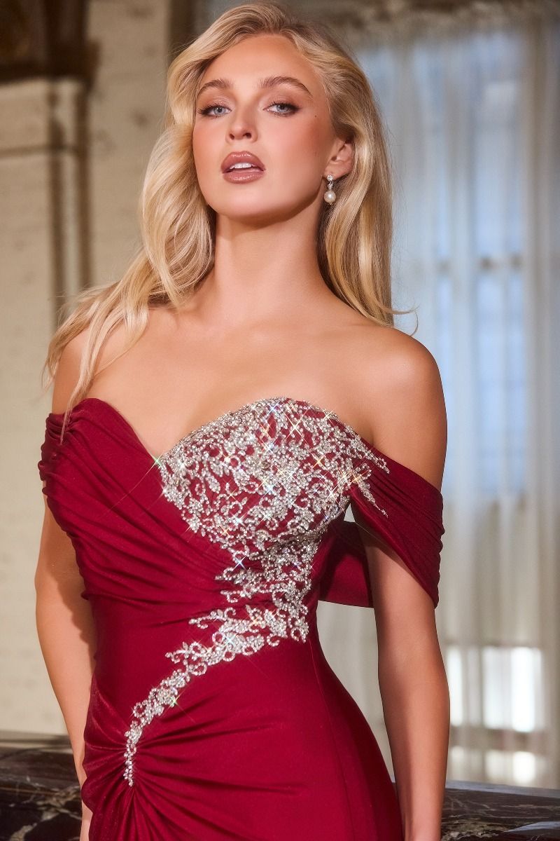 Luxury Crystal Embellished Off Shoulder Bodice with Stretch Satin Fitted Gown (CD667)