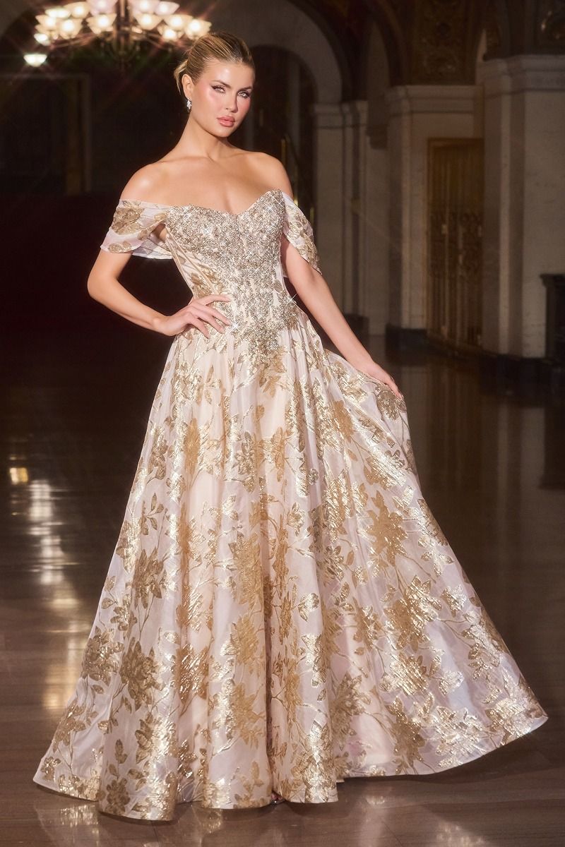 Crystal-Embellished Corset with Metallic Floral Ball Gown (CD682) Crystal-Embellished Corset with Metallic Floral Ball Gown (CD682)