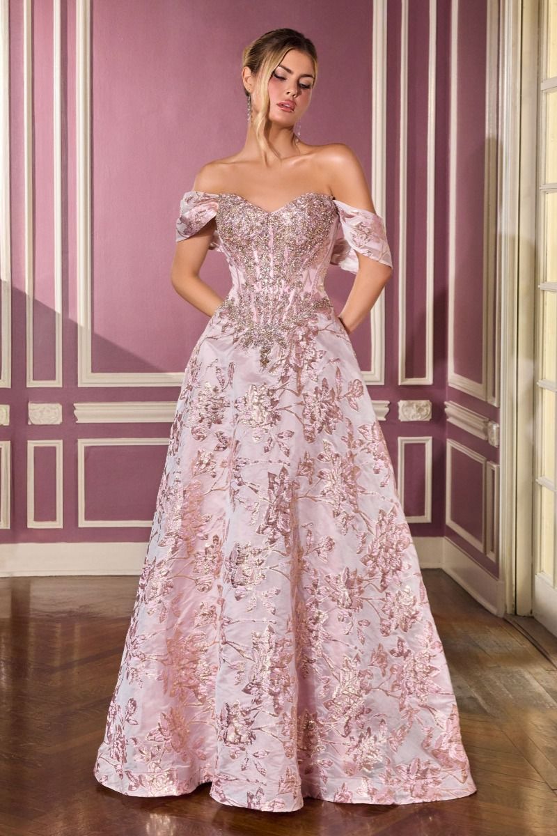 Crystal-Embellished Corset with Metallic Floral Ball Gown (CD682)
