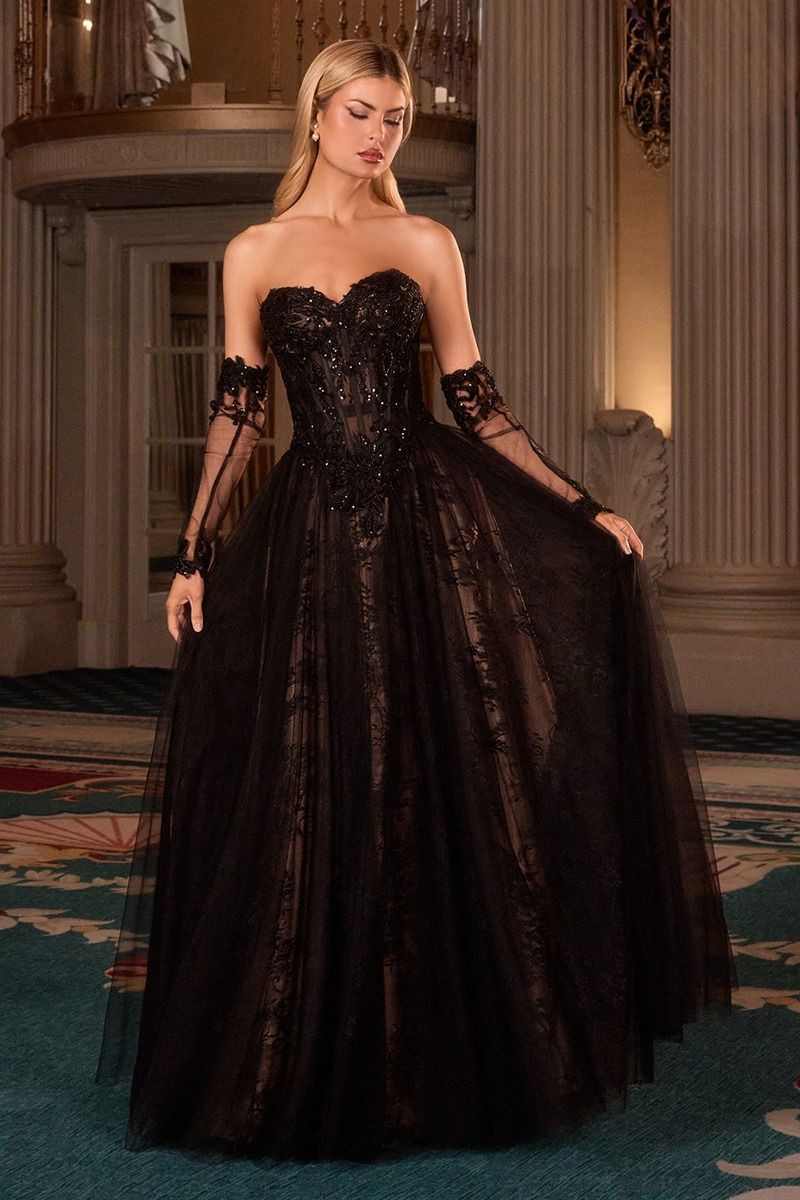 Ladivine CD717 Elegantly Embellished A-line Ballgown Black / 12 Ladivine CD717 Elegantly Embellished A-line Ballgown Black / 12