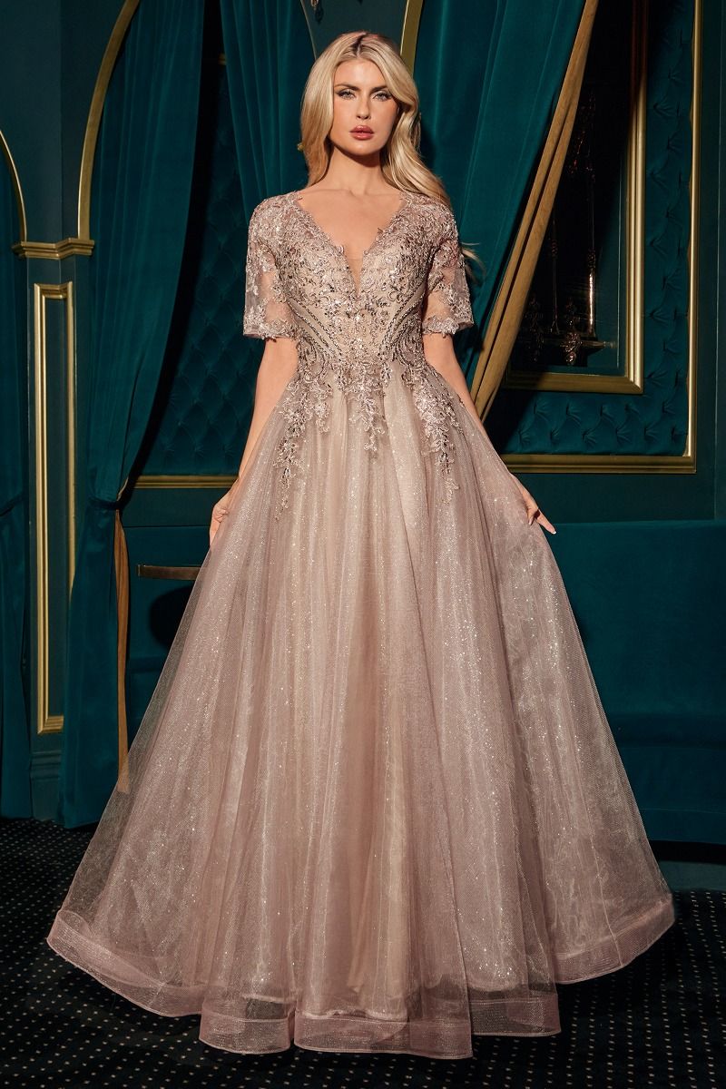 Half Sleeve Detailed Lace Shimmery A-Line Dress (CD726)