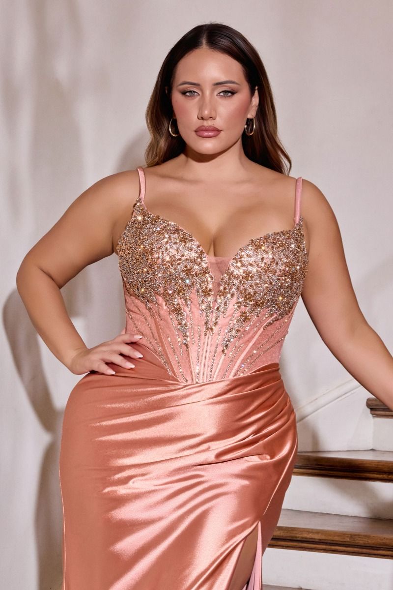 Radiant Deep V-Beaded Corset with Fitted Satin Slit Gown (CD729C)