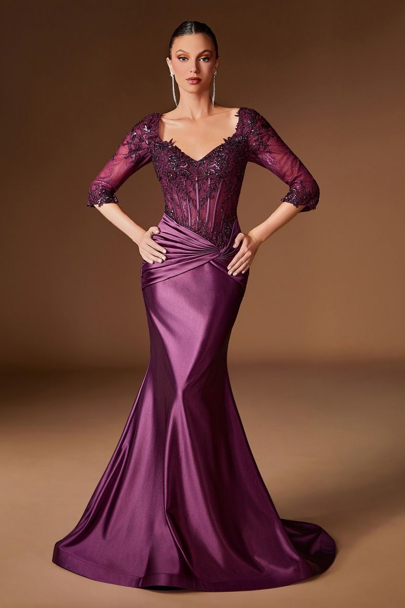 Fitted Evening Gown With Embroidered Bodice and Three-Quarter Sleeves (CD731)