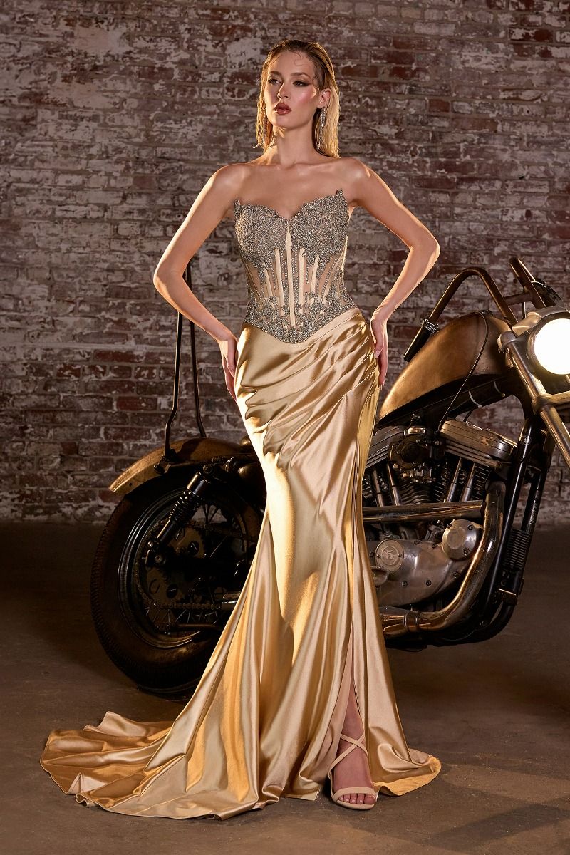 Crystal Strapless Fitted Satin Dress (CD736)