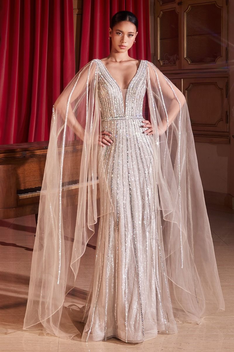 Long Platinum Formal Dress CD865 with Cape Sleeves - Platinum / 6 Long Platinum Formal Dress CD865 with Cape Sleeves - Platinum / 6