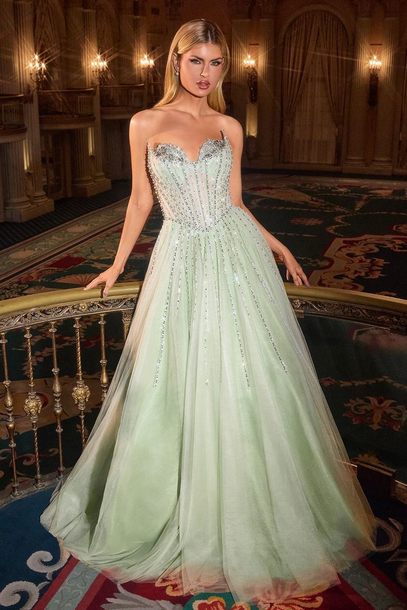 Strapless Beaded Bustline Crystal Tulle Ball Gown (CDS541)