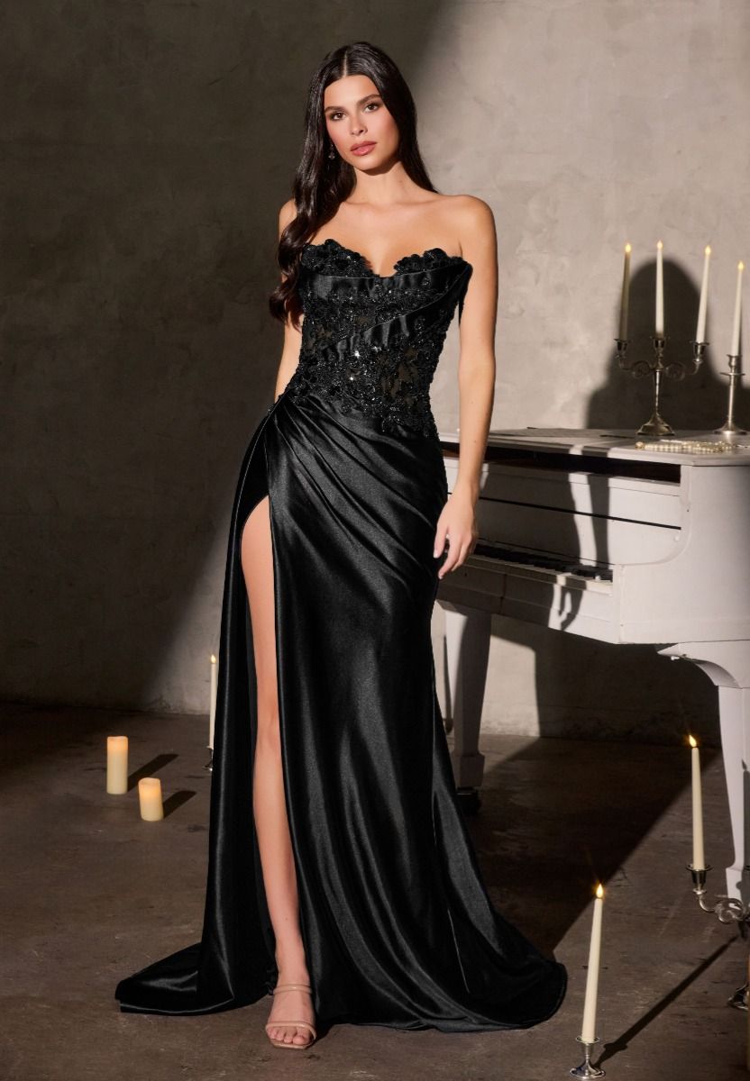 Alluring Strapless Floral Beaded Corset Satin Slit Gown (CDS567)