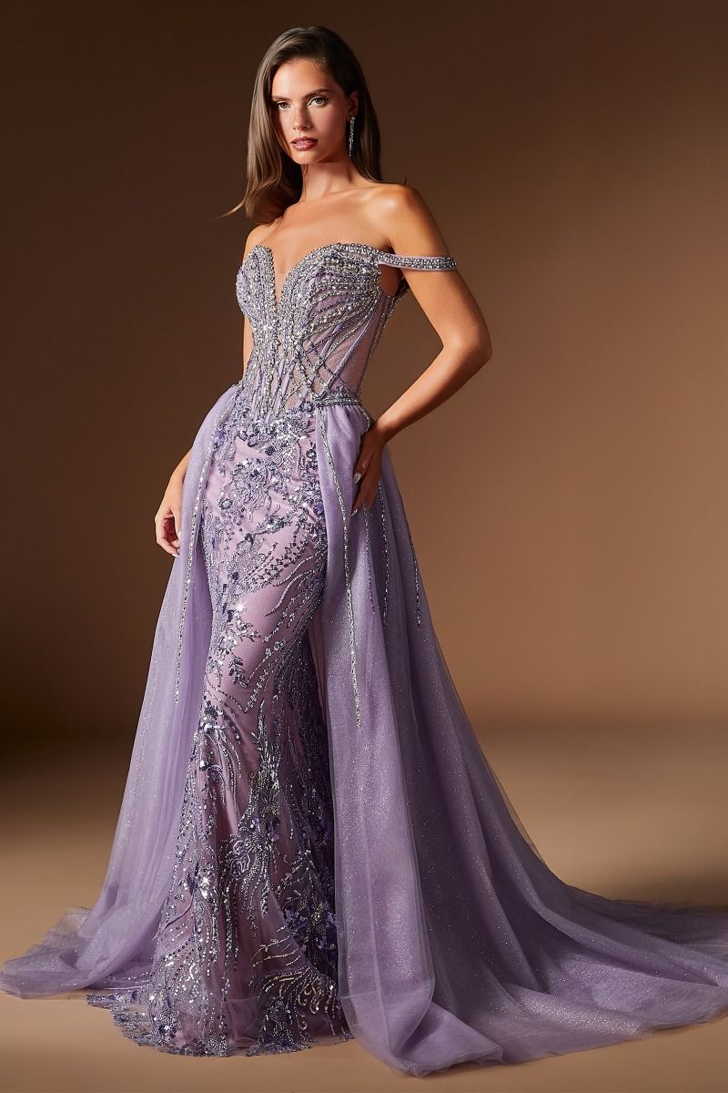 mermaid dress with overskirt Celestial Embellished Gown Detachable (CDS570) Gold / 16 Sparkly Mermaid V-Neck Sleeveless large train wedding Mermaid with overskirt Size:Size 18W