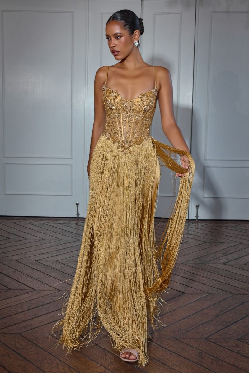 Fitted Fringe Gown With Beaded Bodice (CDS580)