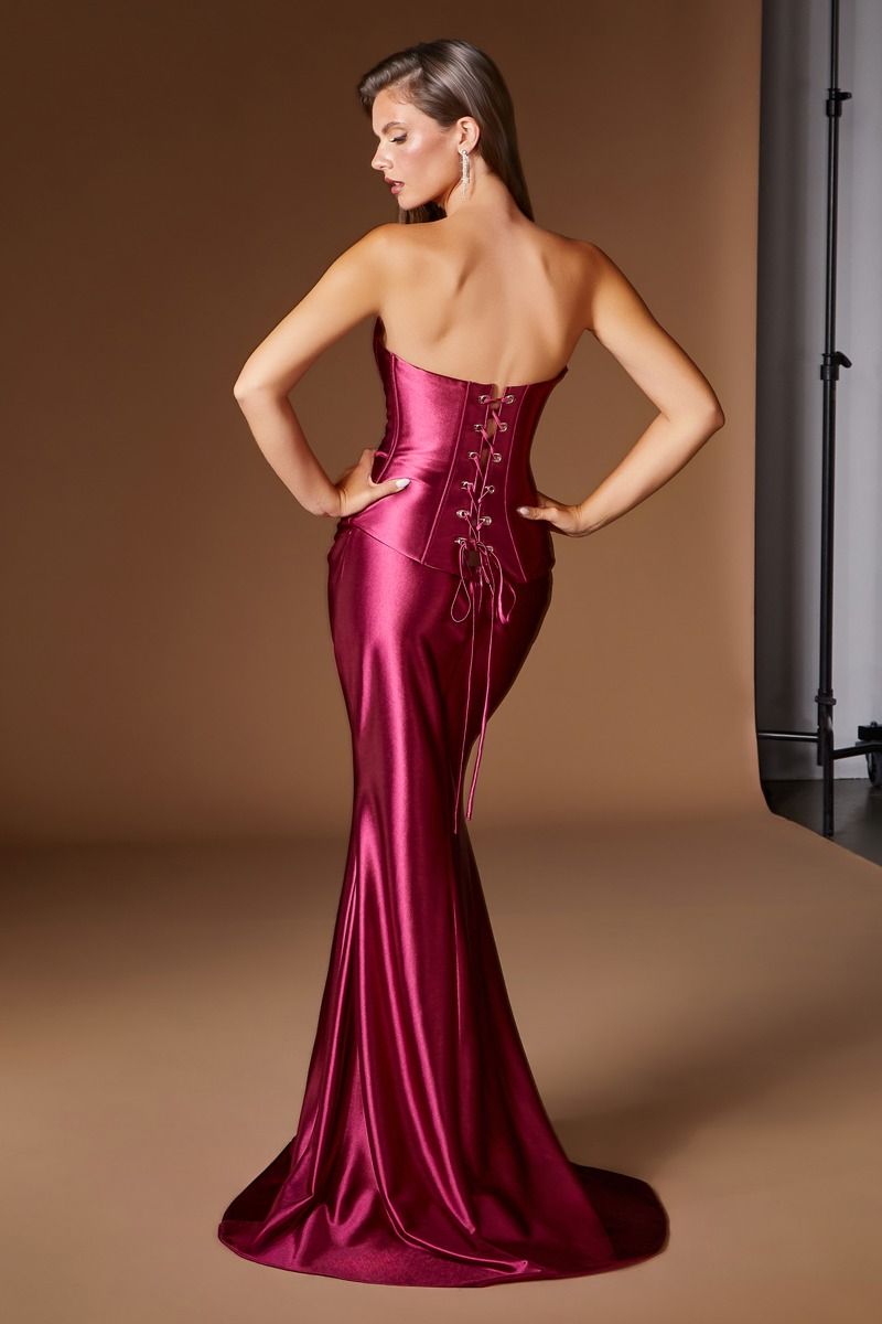 Strapless Satin Mermaid Evening Gown with Sculpted Corset Bodice and Lace-Up Back (CH2602)
