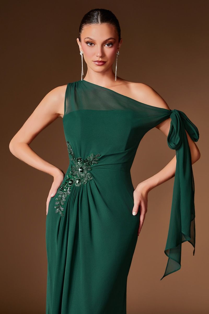 One-Shoulder Chiffon Evening Gown with Jeweled Appliqué and Draped Bow Sleeve (CH2612)