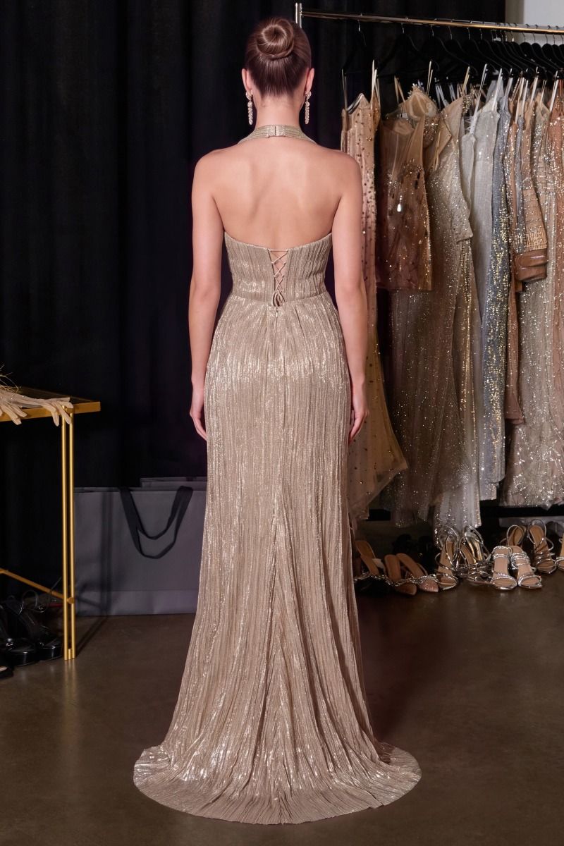 Shimmering Pleated Halter Gown (CH2625)