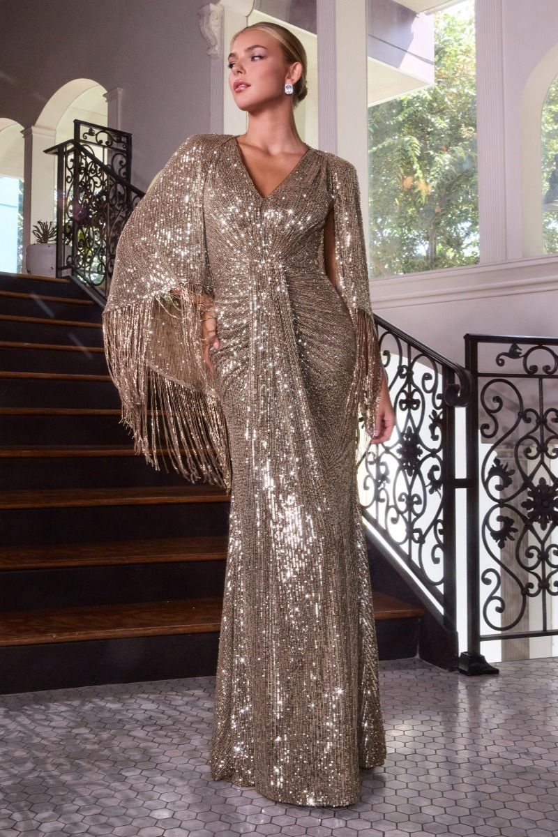 Sequin Gown with Removable Cape (CH2632)