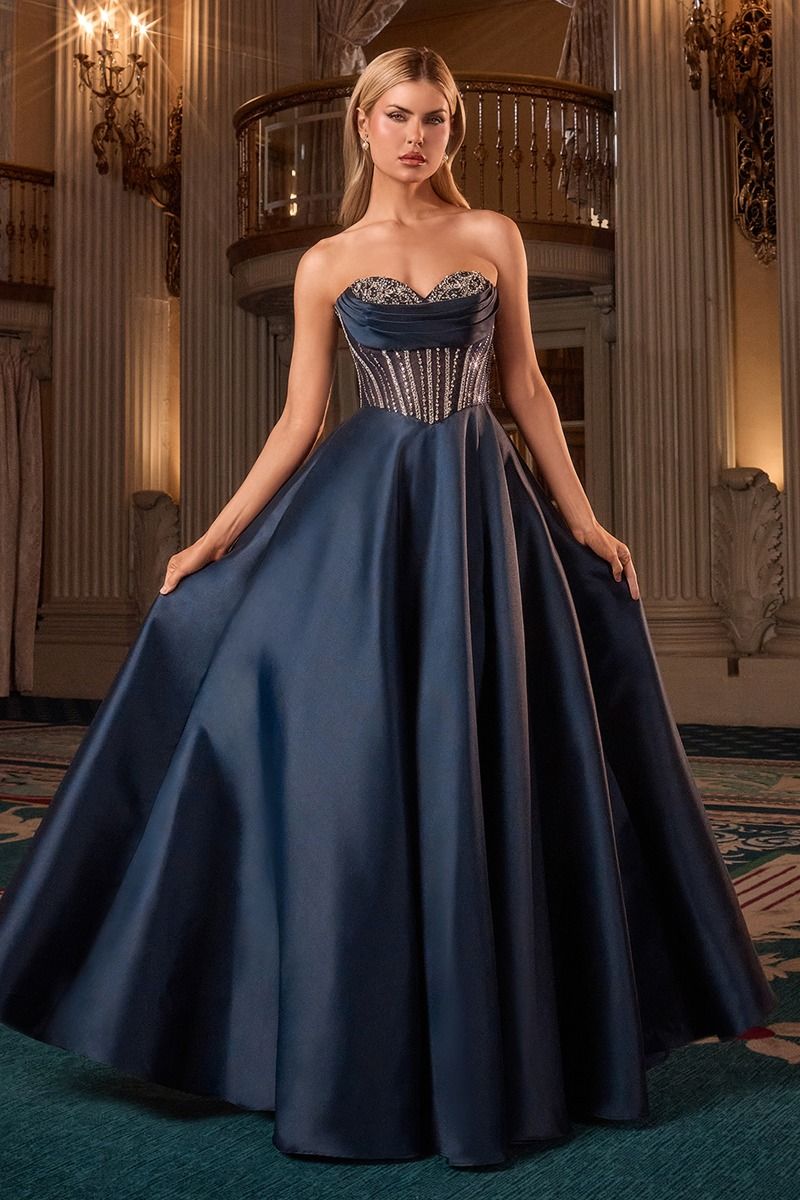 LaDivine CK2405 Beaded Long Ball Gown Corset Prom Dress - Navy / 12 LaDivine CK2405 Beaded Long Ball Gown Corset Prom Dress - Navy / 12