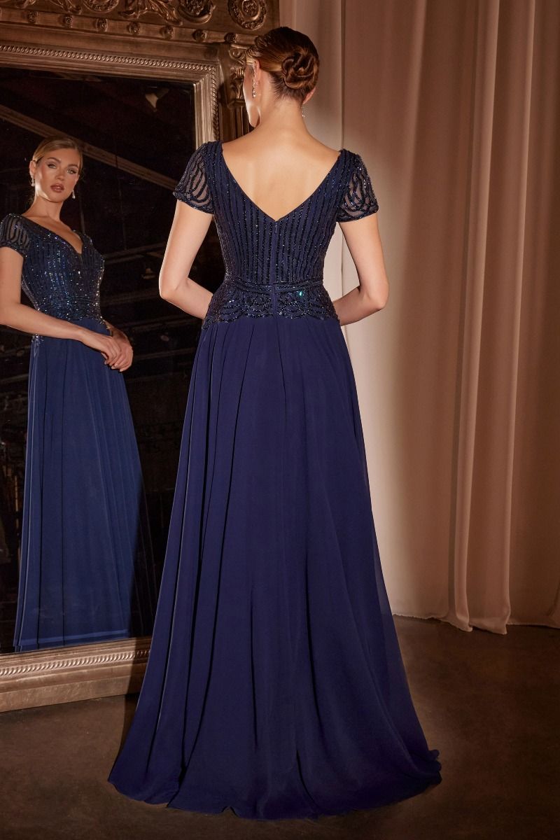 Elegant Deep V Cap Sleeve Beaded Bodice A Line Chiffon Gown (CL07)
