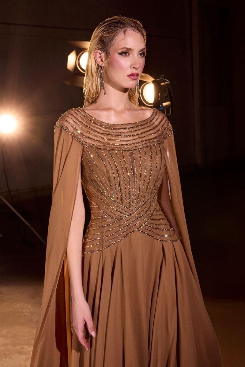 Bateau Neckline With Beaded Bodice A-Line Dress With Flowing Cape Sleeves (CL08)