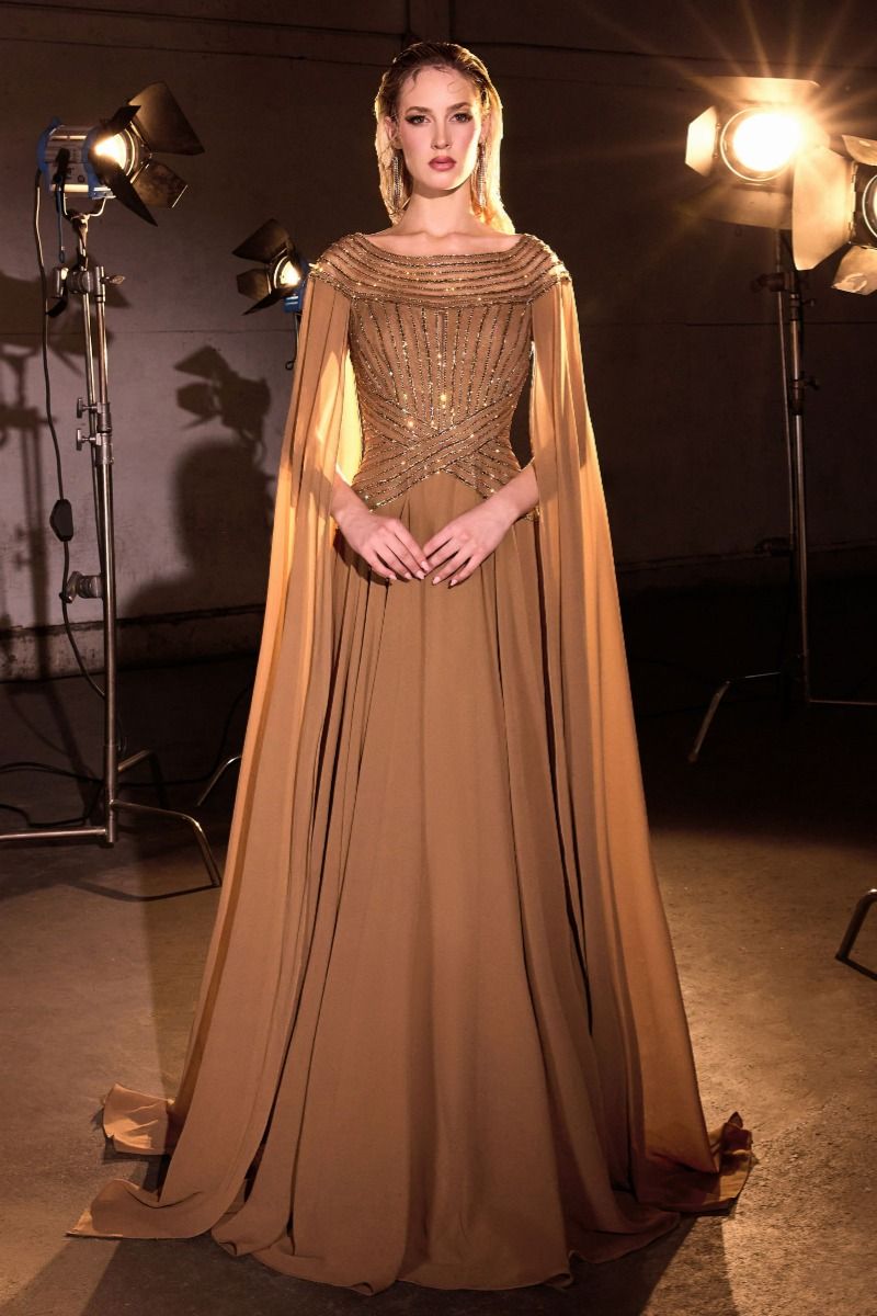 Bateau Neckline With Beaded Bodice A-Line Dress With Flowing Cape Sleeves (CL08) Bateau Neckline With Beaded Bodice A-Line Dress With Flowing Cape Sleeves (CL08)