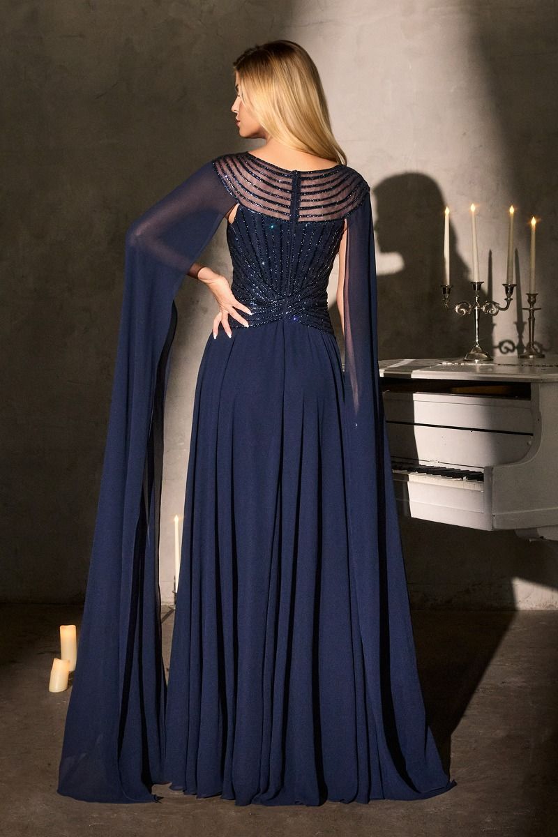 Bateau Neckline With Beaded Bodice A-Line Dress With Flowing Cape Sleeves (CL08)