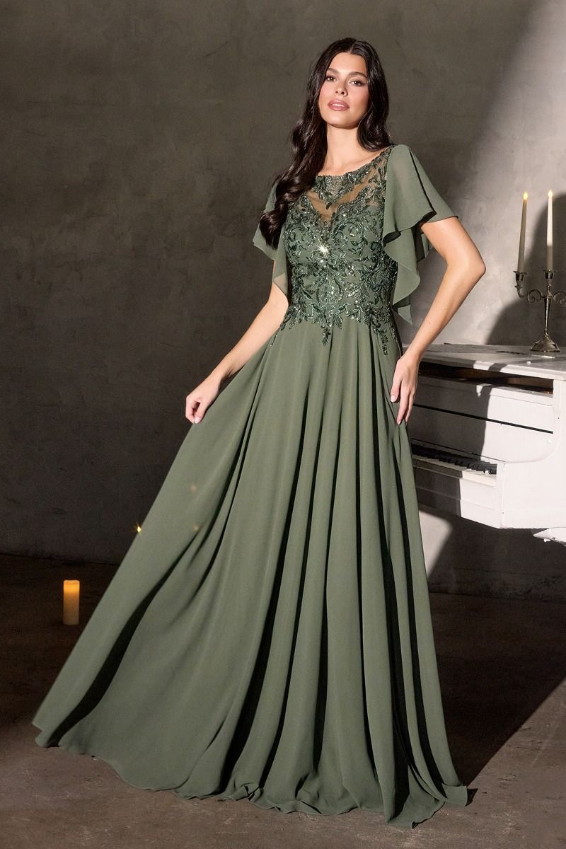 green dress illusion Long A-Line Formal with Short Flutter Sleeves Olive / 22 olive dress