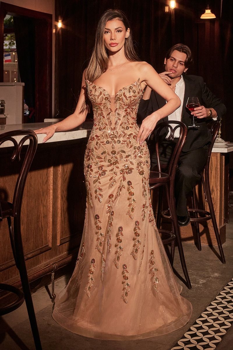 Dazzling Plunging Beaded Floral Corset with Fitted Tulle Gown (CM382)