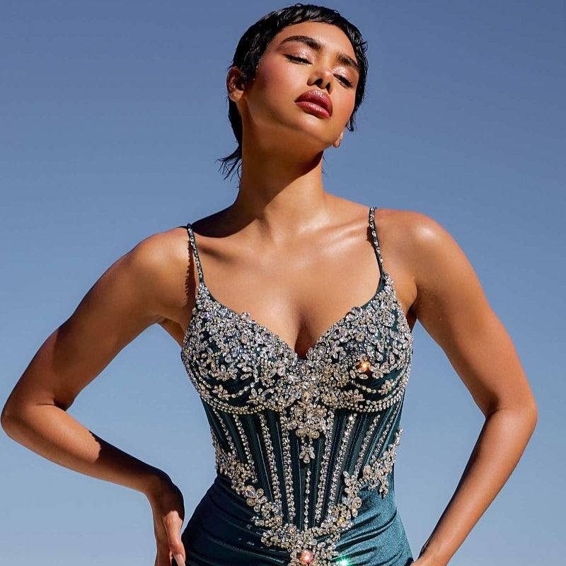 Fitted Crystal & Satin Bodycon Dress (CM383)