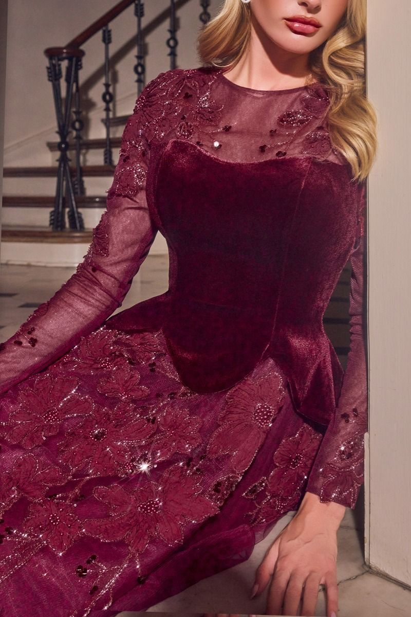 Long Sleeve Velvet & Lace Ball Gown (CM394)