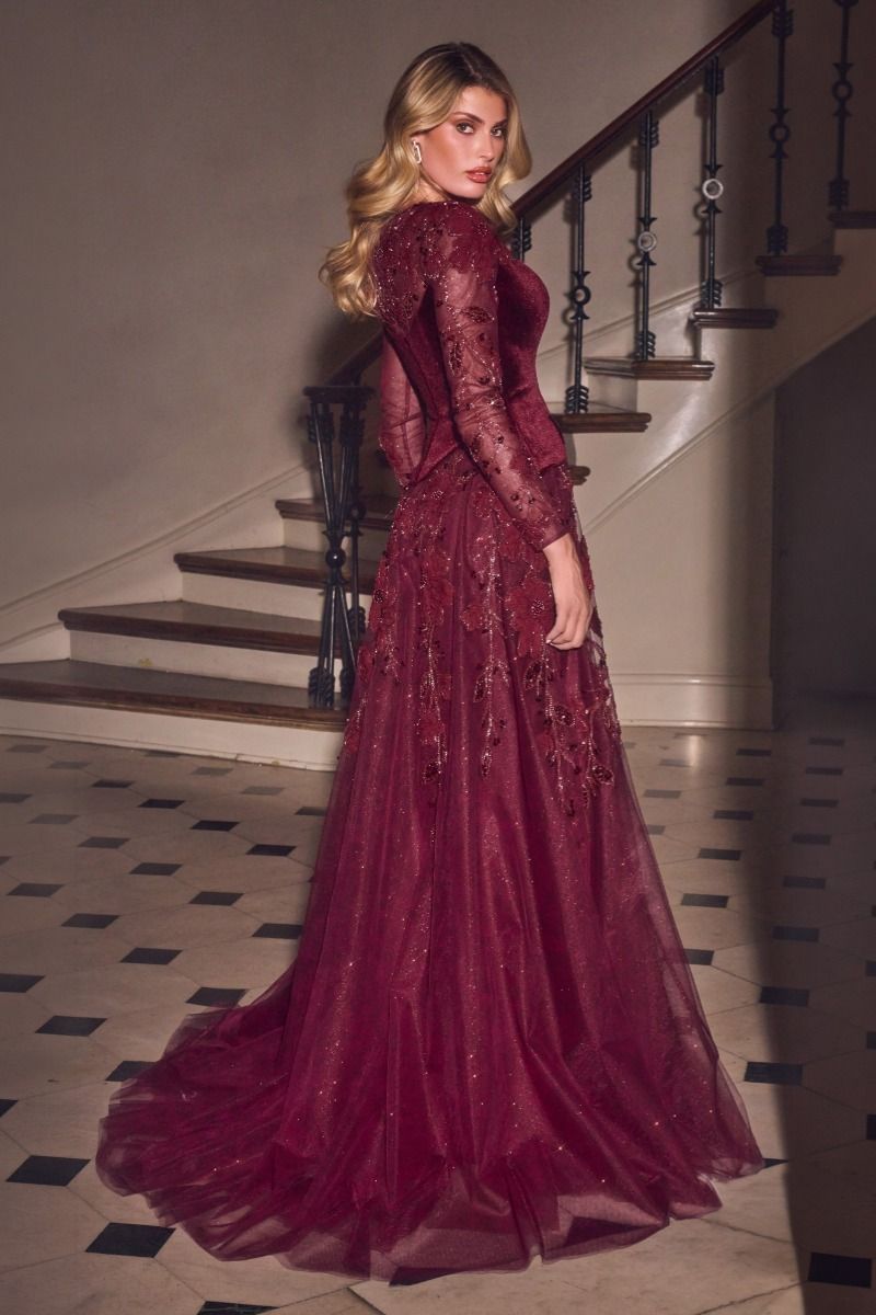 Long Sleeve Velvet & Lace Ball Gown (CM394)
