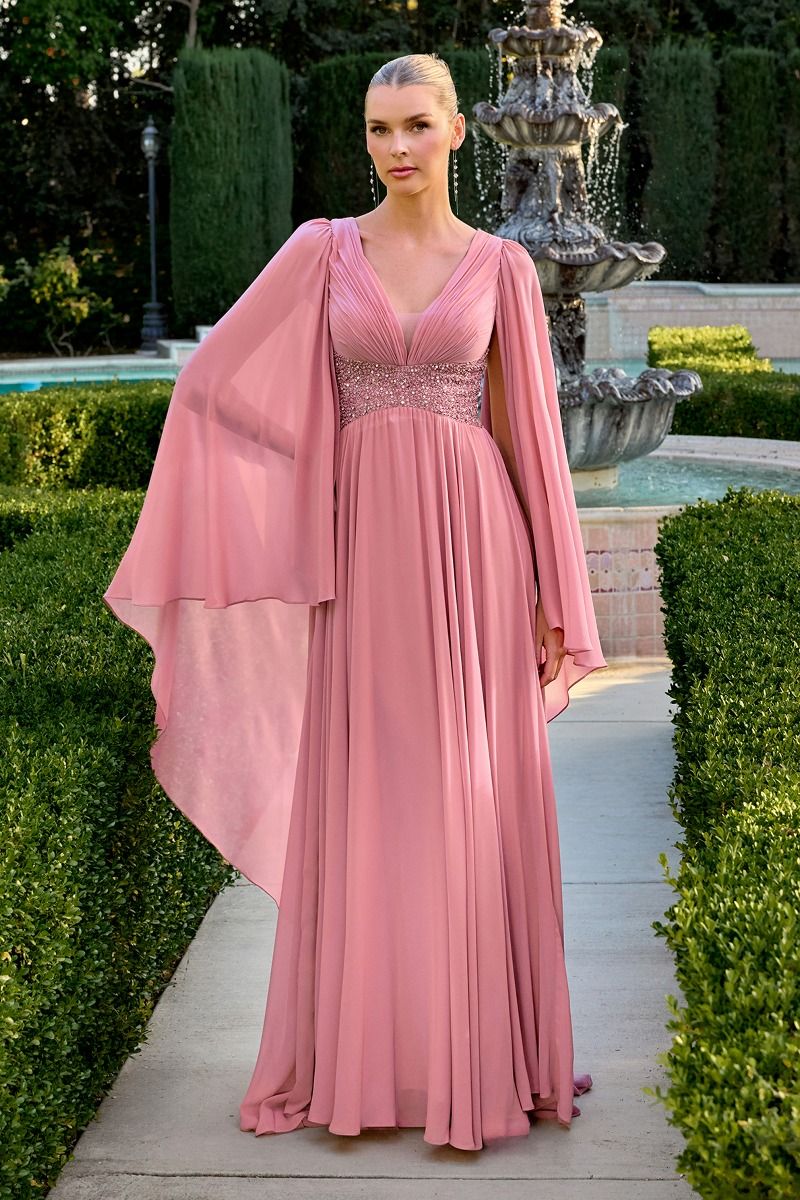 V-Neck Cape Sleeve Chiffon A Line Gown with Beaded Waist (CM8244)