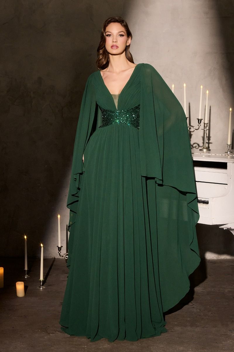 V-Neck Cape Sleeve Chiffon A Line Gown with Beaded Waist (CM8244)