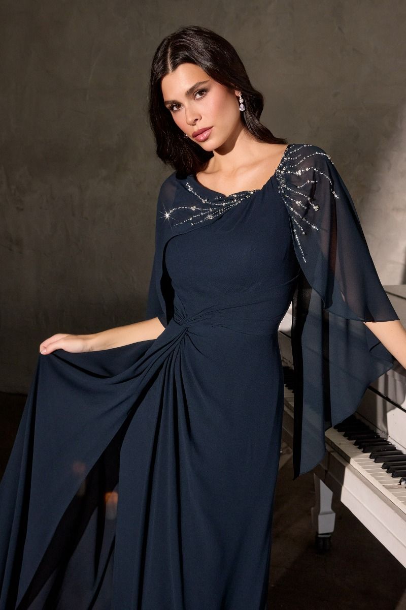 Striking Beaded Cape Sleeve Chiffon Column Gown (CR884)