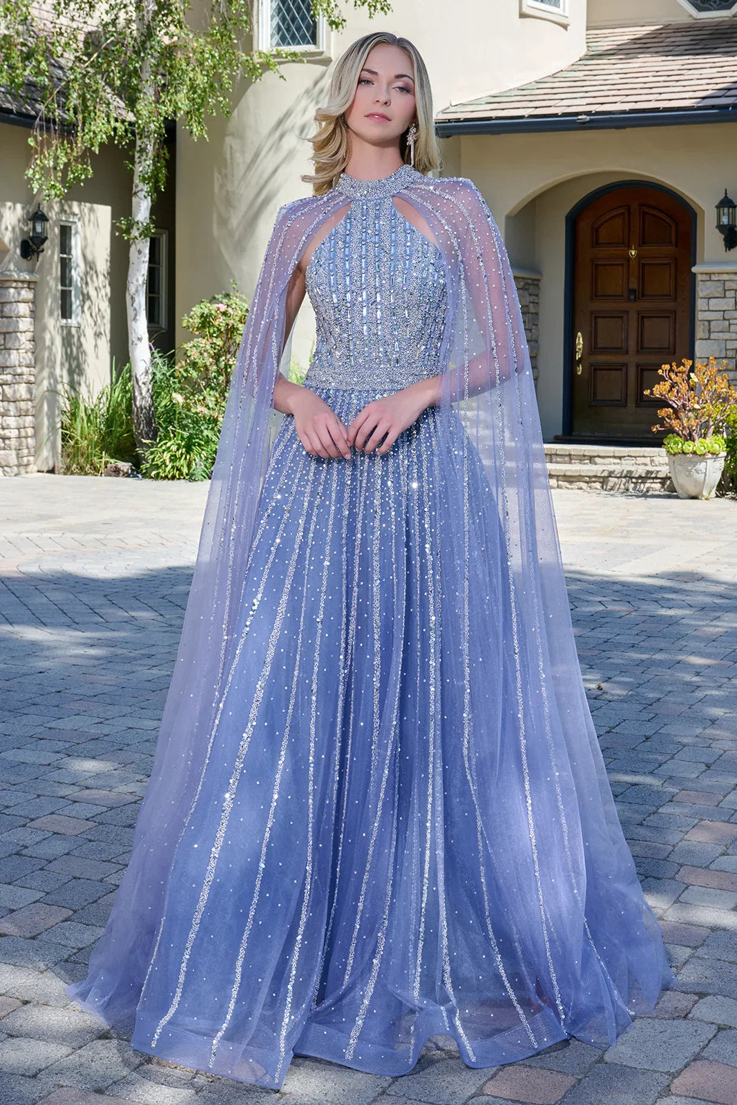 Embellished Mock Halter Neckline Raglan Cape Sleeves Zipper A-Line Dress (GL3669) Dusty Blue / M