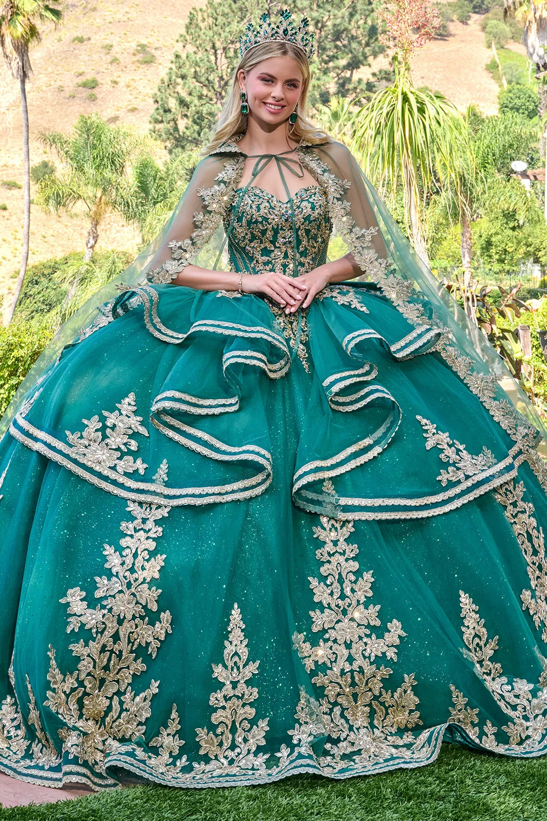 Strapless Cascading Waist Ruffles Gown With Detachable Back Bow And Matching Cape Train (GL3671)