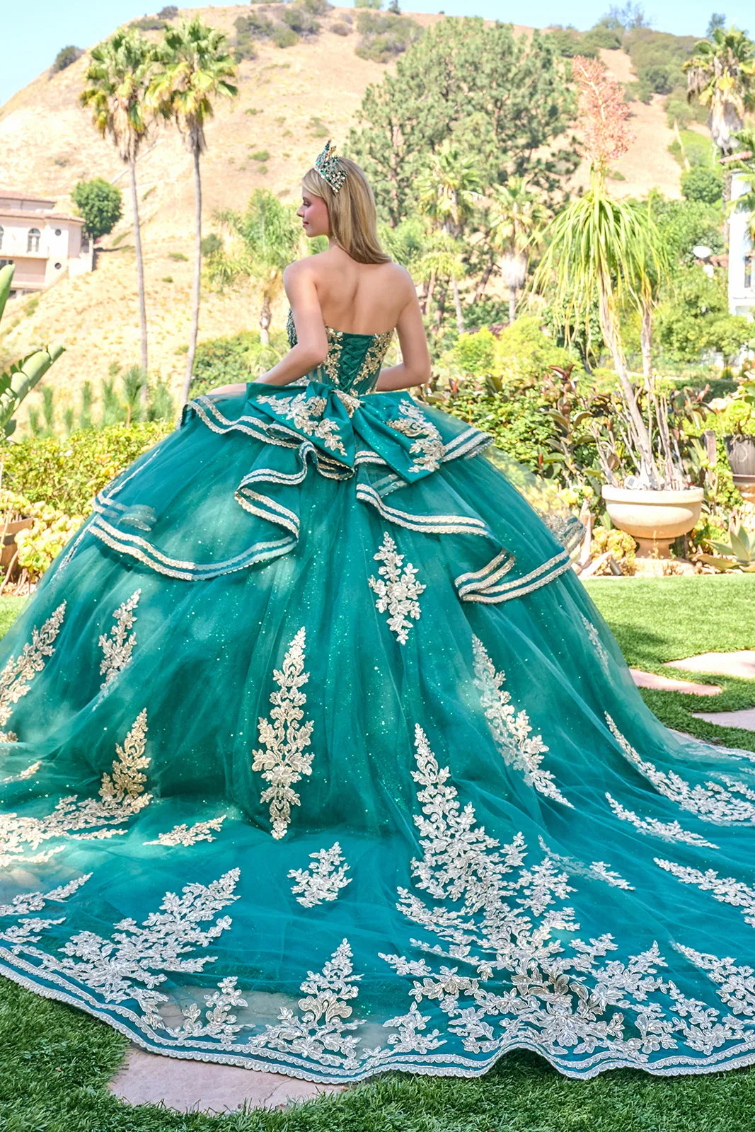 Strapless Cascading Waist Ruffles Gown With Detachable Back Bow And Matching Cape Train (GL3671)