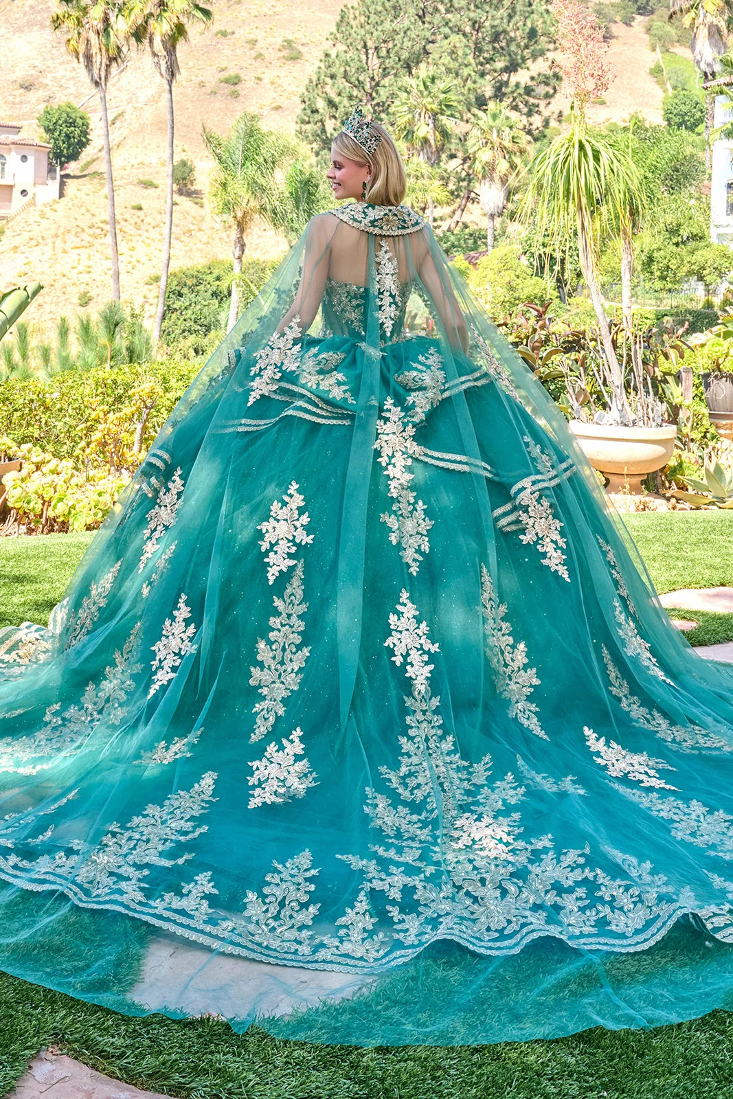 Regal Embroidered Ball Gown with Detachable Cape and Statement Bow (GL3671)