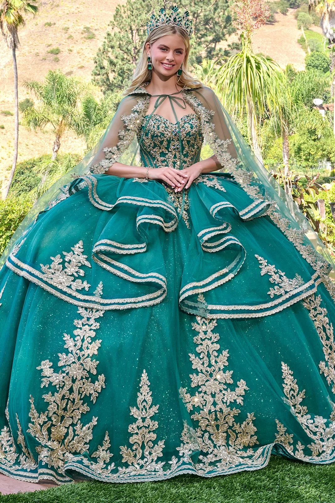 Regal Embroidered Ball Gown with Detachable Cape and Statement Bow (GL3671)