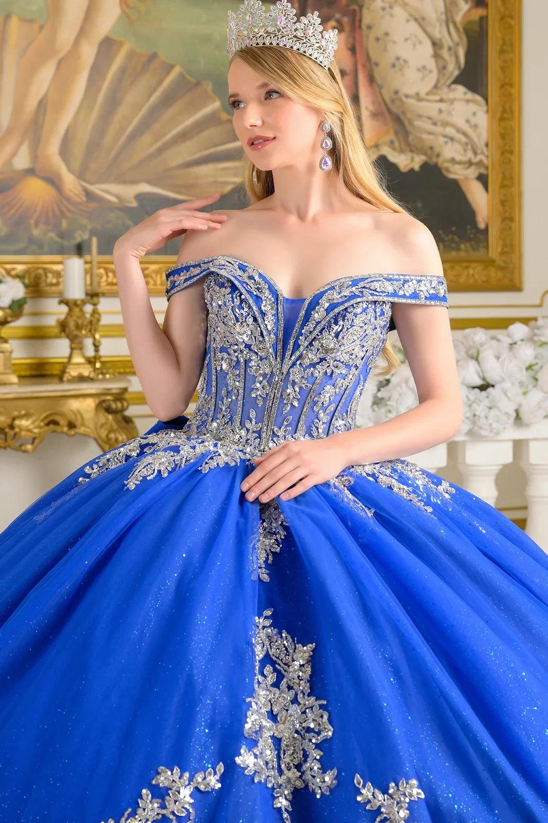 Embellished Fold Over Off-Shoulder Straps Corset Bodice Train Ball Gown With Detachable Back Bow (GL3672)