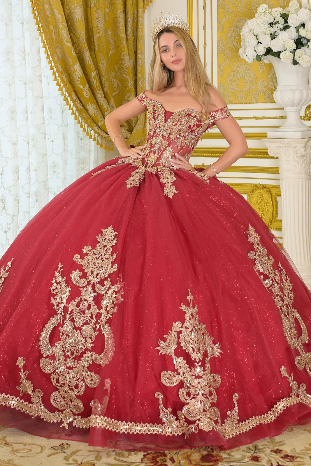Off-Shoulder Embellished V-Neckline Corset Bodice Train Ball Gown With Detachable Bow (GL3673)