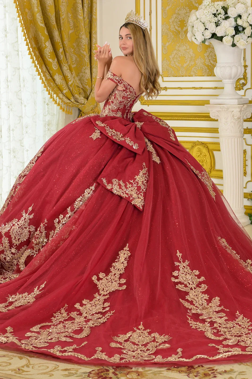 Off-Shoulder Embellished V-Neckline Corset Bodice Train Ball Gown With Detachable Bow (GL3673)