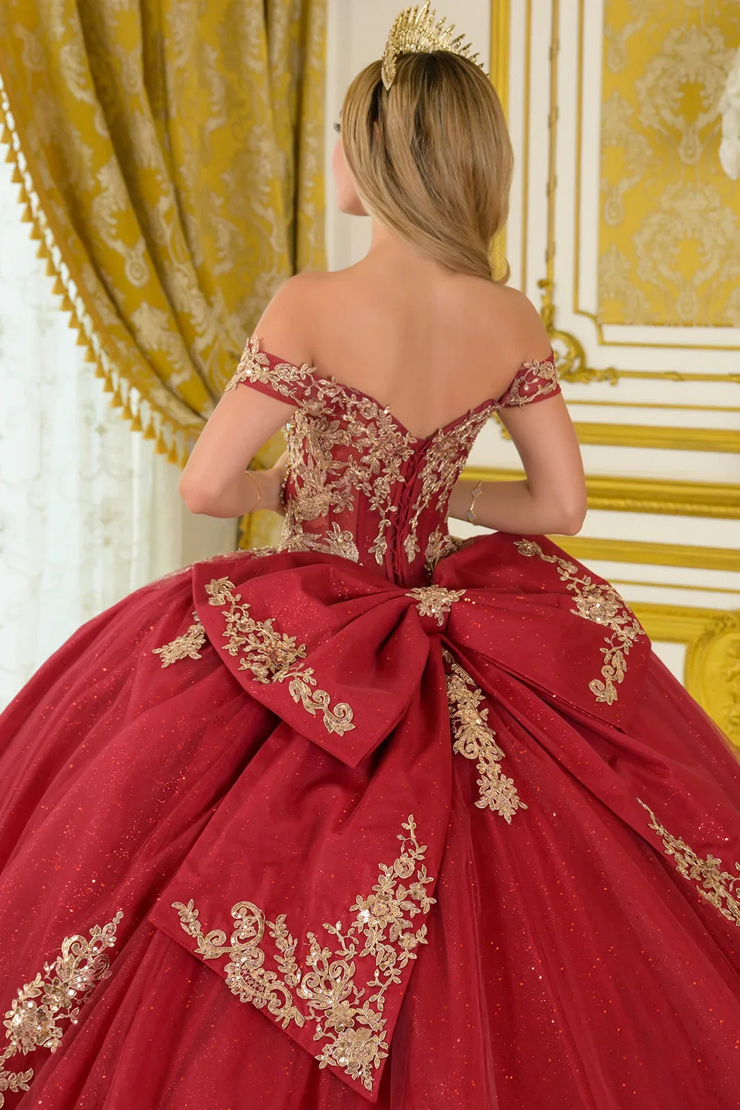 Off-Shoulder Embellished V-Neckline Corset Bodice Train Ball Gown With Detachable Bow (GL3673)