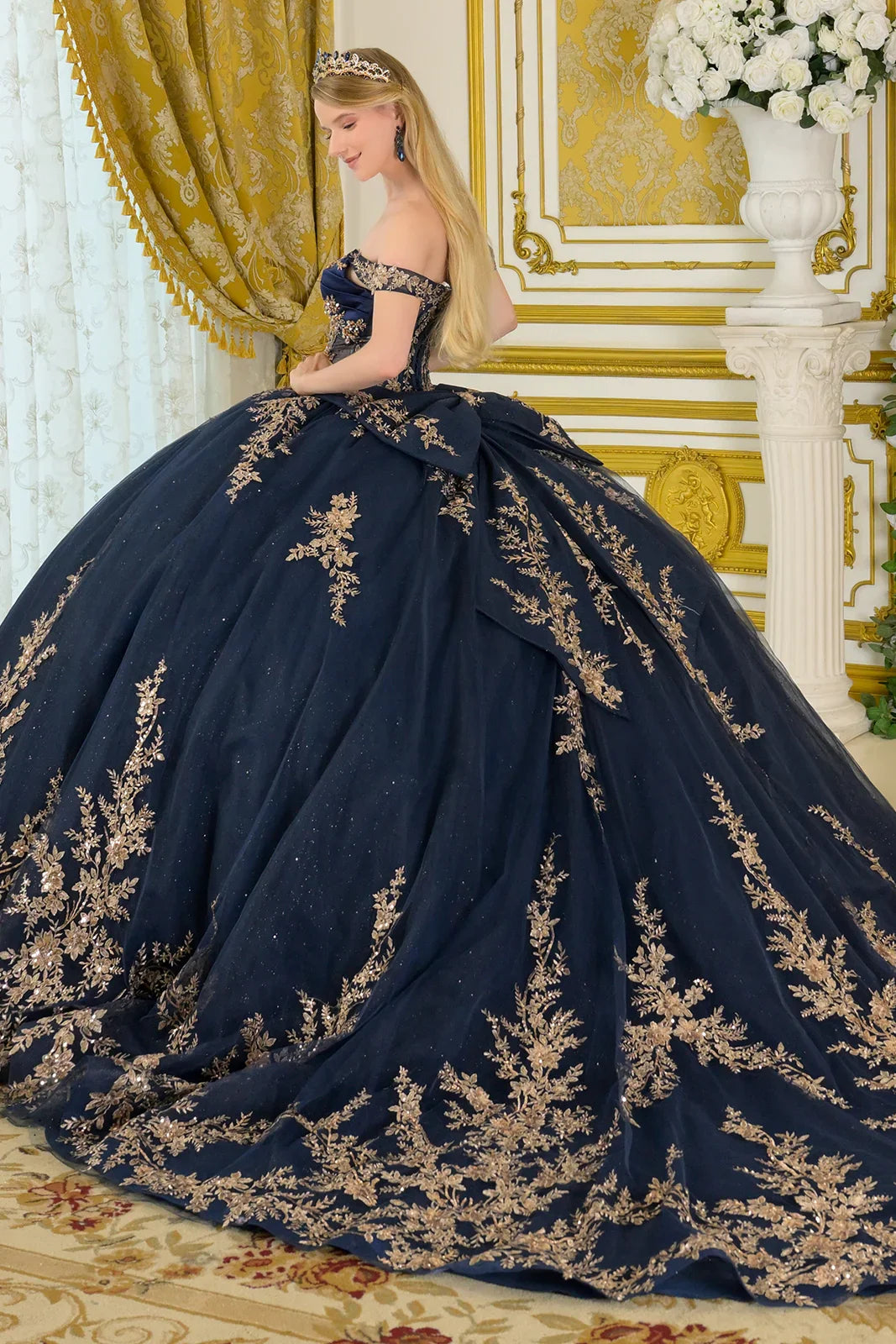 Detachable Off-Shoulder Straps Pleated Satin Bust Embellished Gown With Detachable Back Bow (GL3674)