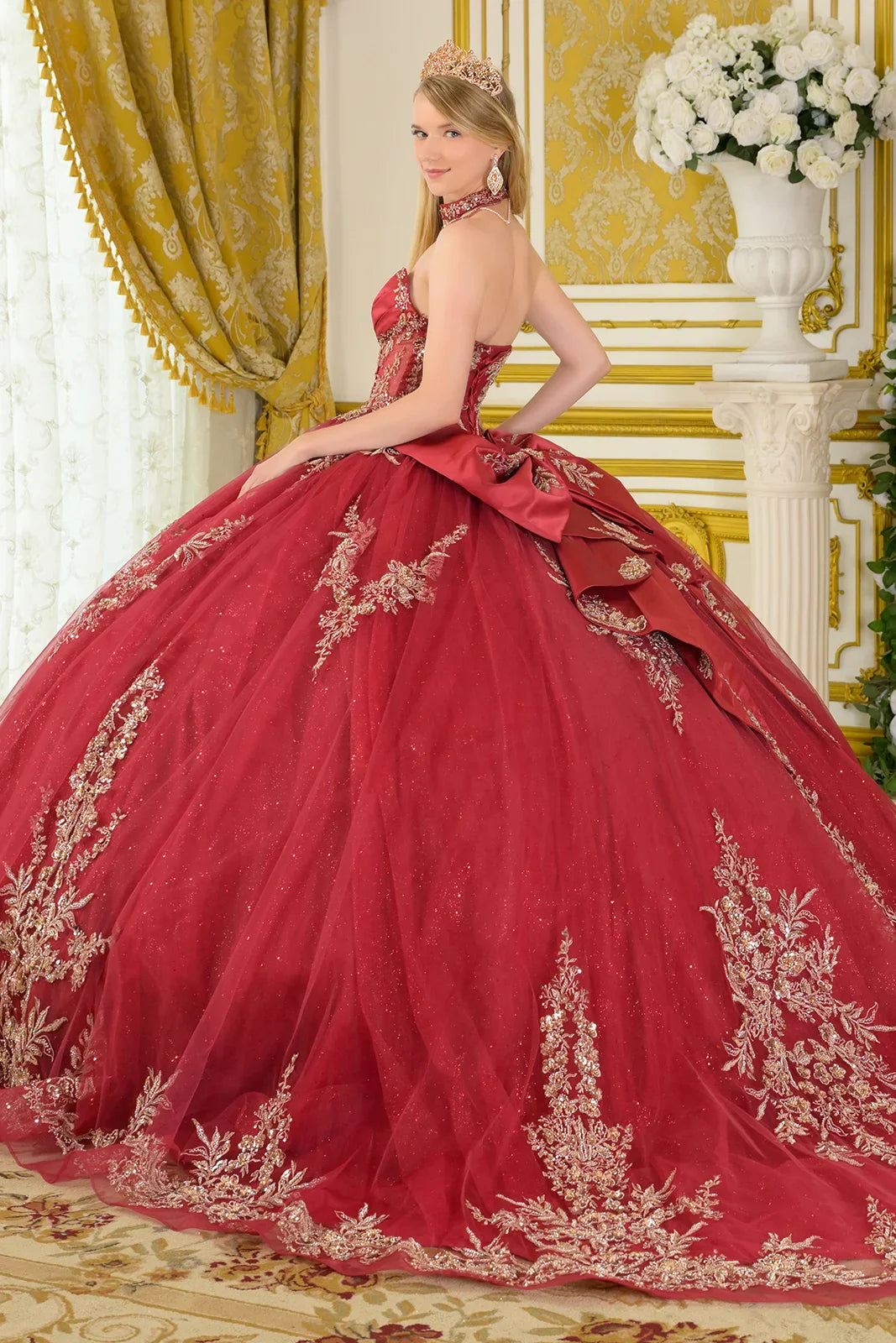 Strapless V-Neckline Pleated Satin Detail Ball Gown Train With Detachable Bow Dangling Bead Choker (GL3675)