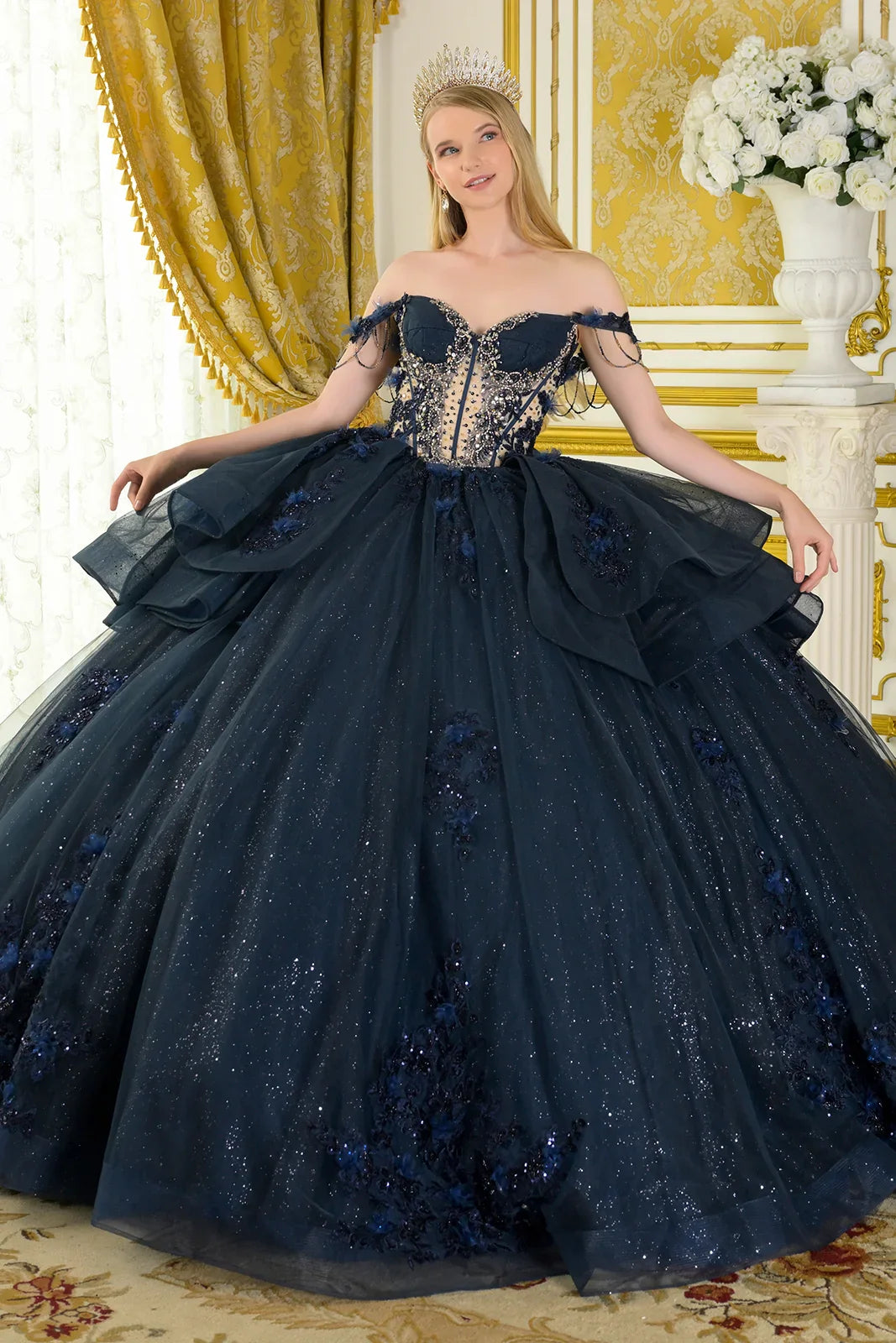 Dangling Beads Detachable Off-Shoulder Straps V-Neckline Layered Waist Ruffle Train Ball Gown (GL3676)
