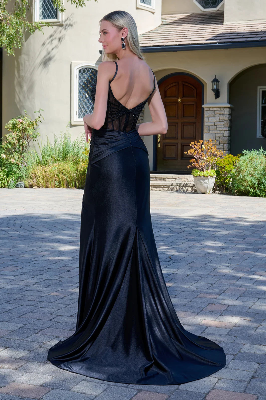 Spaghetti Straps Bejeweled Mesh Bodice Stretch Satin Slit Skirt With Cross Over Overlay Dress (GL3680)