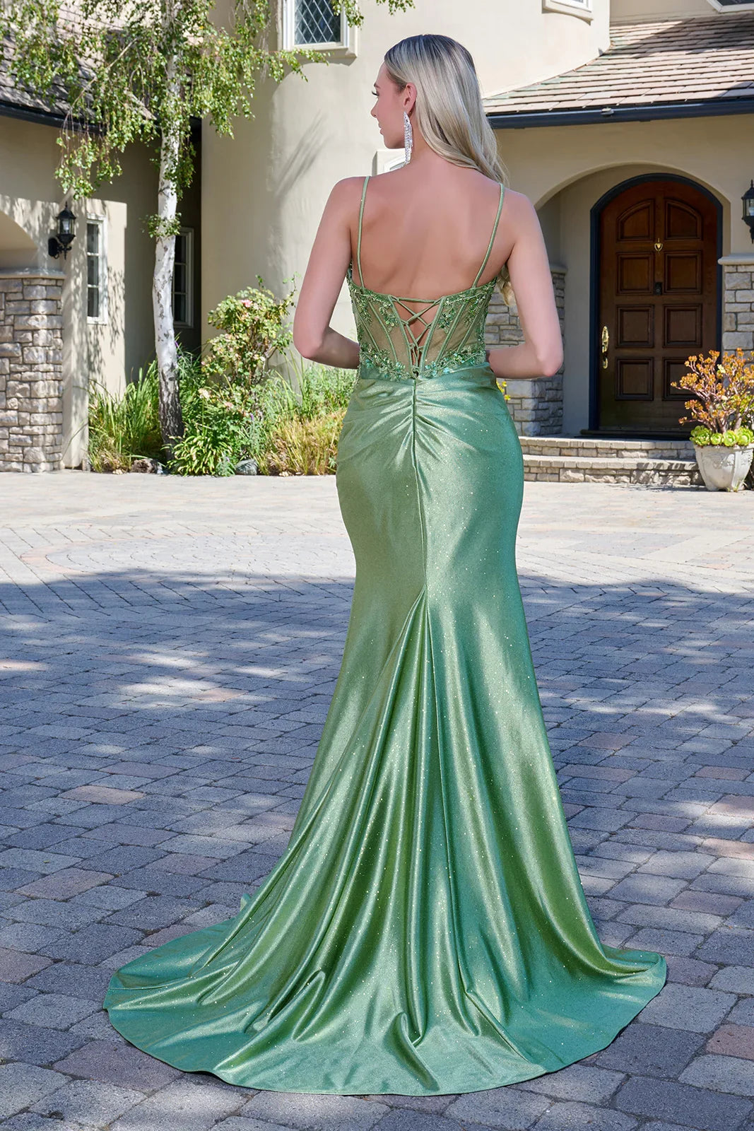 Spaghetti Strap Pleated Detail Mesh Bodice Glitter Jersey Skirt Fitted Dress With Slit (GL3688)
