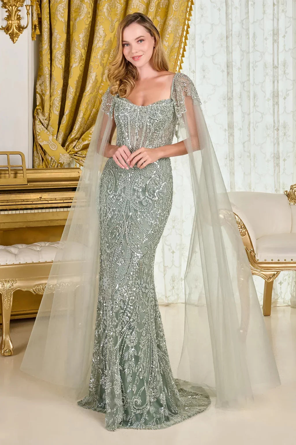 Embellished Cap Sleeves Over Cape Sleeves Fitted Corset Cover Dress (GL3704)
